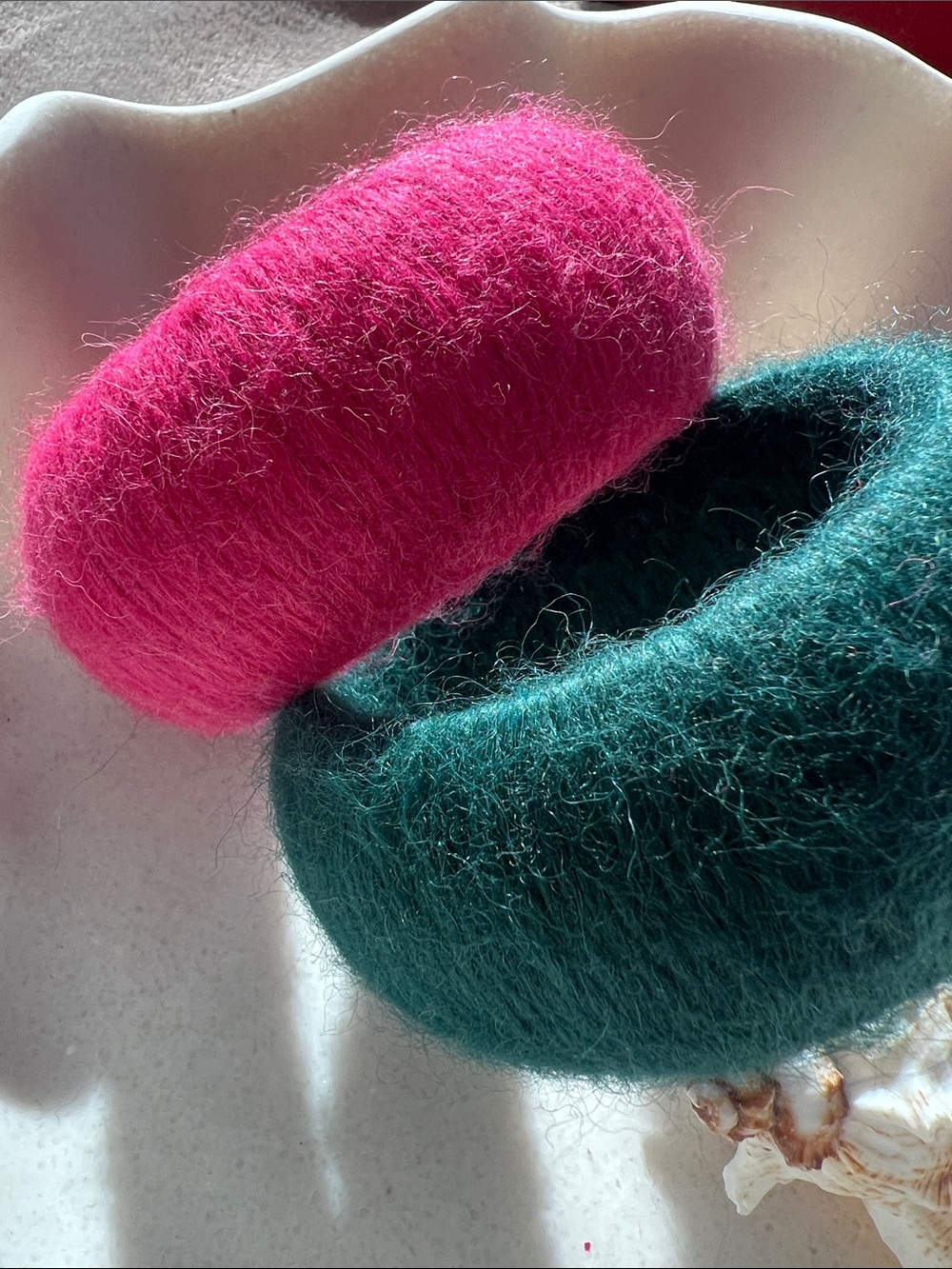 Fuzzy knit  Soft Mohair Wide Slip-on Domed Bracelet Set- Green & Pink